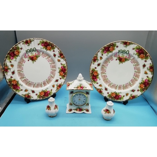 474 - Royal Albert Calendar Plates (2), Mantle Clock plus Salt and Pepper Pots in the 'Old Country Roses' ... 