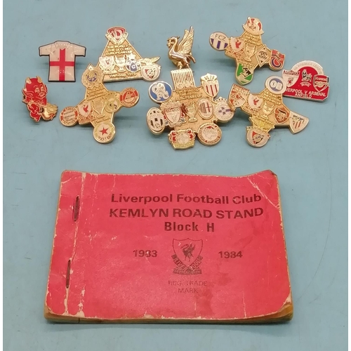 493 - Liverpool FC Memorabilia to include Enamel Badges (9) and Kemlyn Road Stand Match Voucher Book (10cm... 