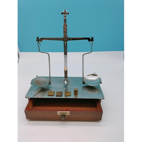 556 - Set of Avery Scales with Wooden Under Drawer plus Some Brass Weights.