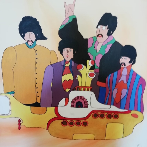 588 - Large Oil on Canvas of the Beatles 'Yellow Submarine'. Signed and Dated. 91cm x 91cm. Collection Onl... 