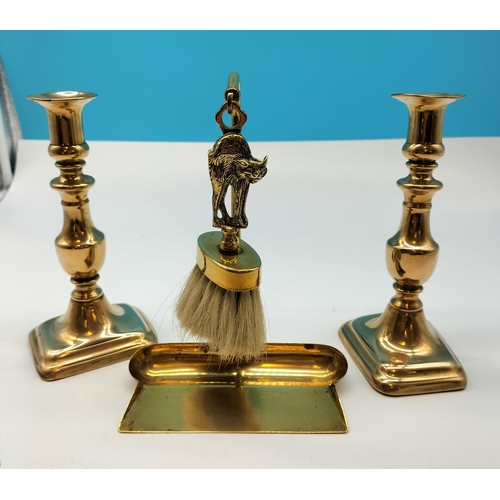 612 - Pair of Brass Candlesticks plus Crumb Tray and Brush. 21cm Tall.