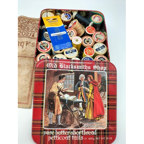 616 - Tin of Cottons plus Needlework Sampler. 1891.