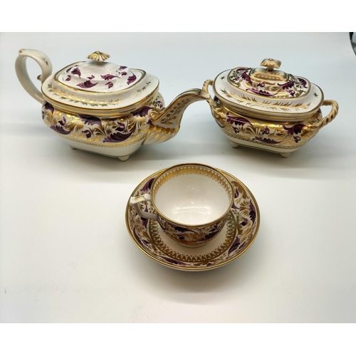 621 - Early Derby (1800-1825 Backstamp) Teapot, Cups and Saucer and Lidded Slop Bowl. Teapot being 15cm Hi... 