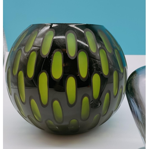 630 - Large Art Glass Green and Black Spherical 19cm Vase plus Signed Scent Bottle.