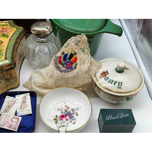 649 - Collection of Mixed Items to include Oak Mantle Clock, 1940's Radaware Cast Iron Casserole Dish, Cos... 