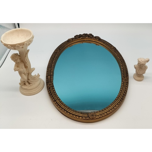 704 - Gold Gilt Framed Mirror (53cm x 36cm) plus Resin Figure and Chalk Bust.