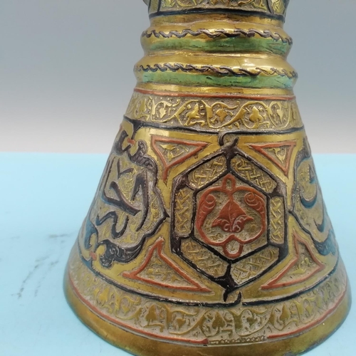 76 - Cairo Ware Ibrik Brass Coffee pot with Copper and Silver Inlay. 16cm High.