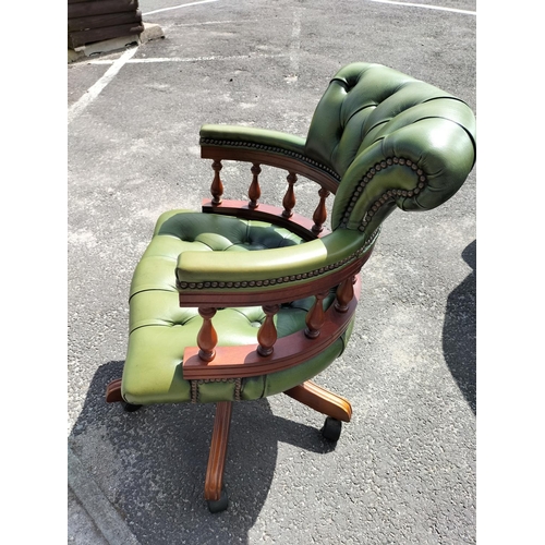 240 - Chesterfield Green Leather Captains Chair. 86cm High, 61cm x 70cm. Seat Height 45cm. Arm Height 68cm... 