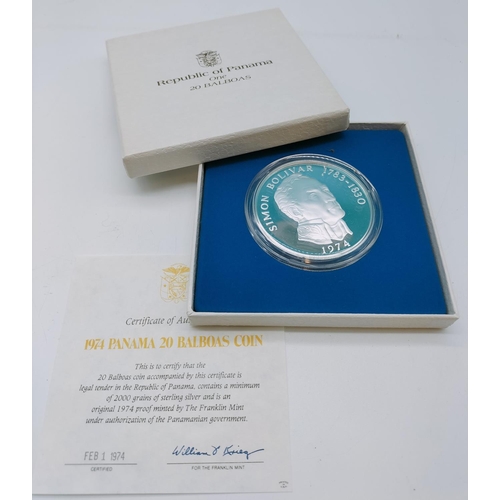 13 - 1974 Silver 925 Panama 20 Balboas Coin. Uncirculated in Presentation Box with Certificate of Authent... 