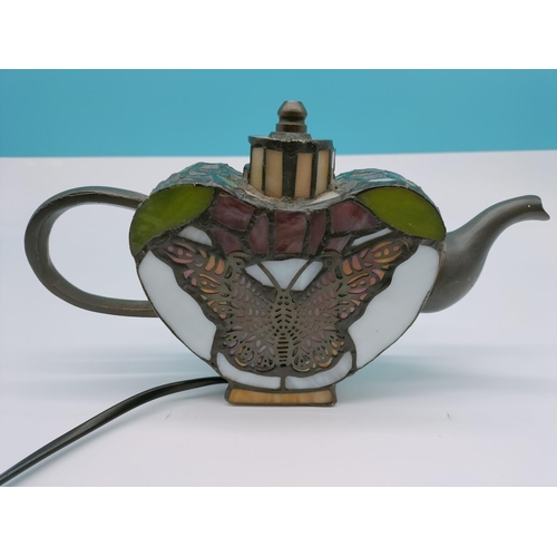 214 - Tiffany Style Teapot Lamp with Butterfly Design. 15cm High x 26cm.