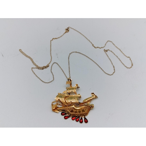 336 - Vintage 9ct Gold Chain and Ruby Stone Ship Yellow Metal Pendant.