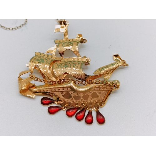 336 - Vintage 9ct Gold Chain and Ruby Stone Ship Yellow Metal Pendant.