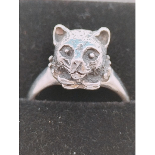 338 - Silver 925 Cat Design Poison Ring. Size L.