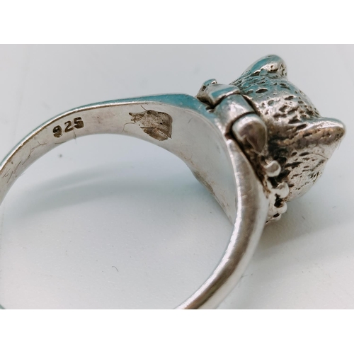 338 - Silver 925 Cat Design Poison Ring. Size L.