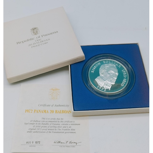 40 - 1972 Silver 925 Panama 20 Balboas Coin. Uncirculated in Presentation Box with Certificate of Authent... 