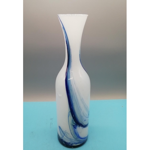 425 - Tall 38cm Art Glass Vase n Blue & White.