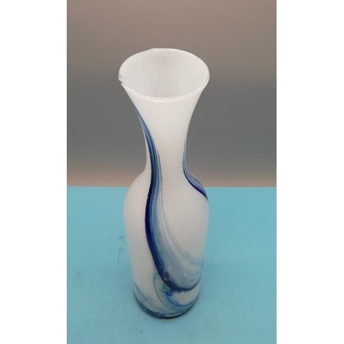 425 - Tall 38cm Art Glass Vase n Blue & White.