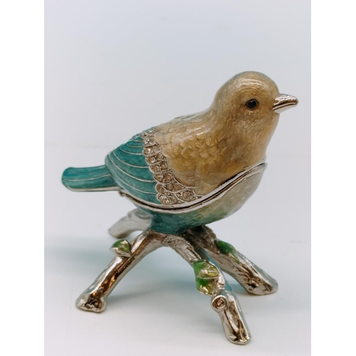 483 - Enamel Bird Trinket Box. 8cm x 8cm.