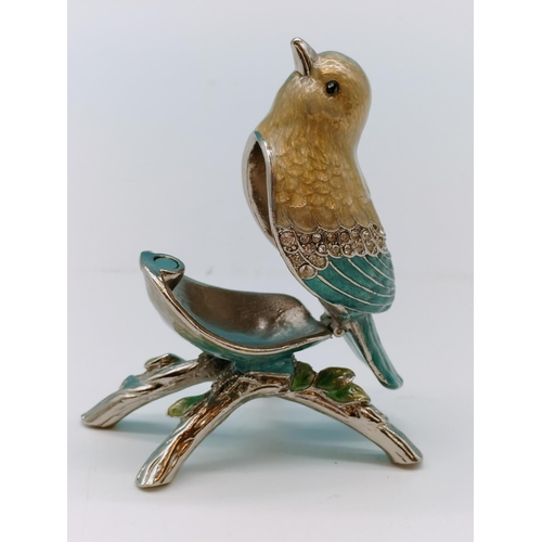 483 - Enamel Bird Trinket Box. 8cm x 8cm.