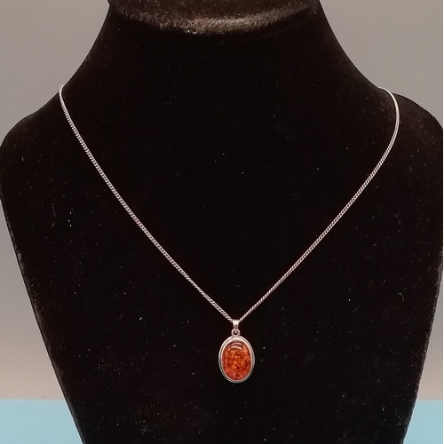 570 - 925 Silver and Amber Oval Pendant on 925 Silver Chain.