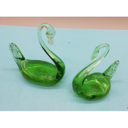 605 - Green Glass Items (3) to include Swans and Art Glass Bowl.