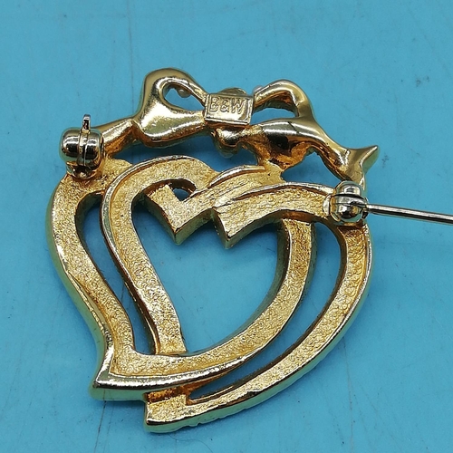 662 - Butler & Wilson Entwined Hearts Brooch set with Pearl and Red Stones.