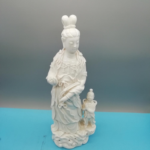 665 - Chinese Blanc de Chine 37cm Porcelain Figure of Guanyin of Nanshan with Boy Servant (A/F Missing Fin... 