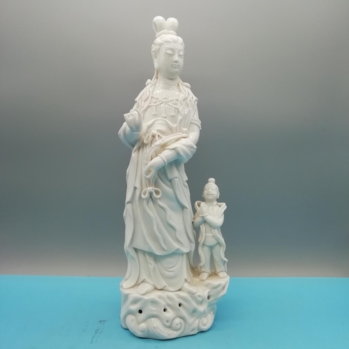 665 - Chinese Blanc de Chine 37cm Porcelain Figure of Guanyin of Nanshan with Boy Servant (A/F Missing Fin... 