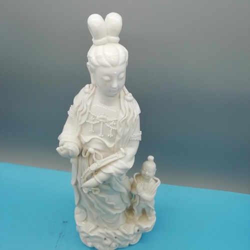 665 - Chinese Blanc de Chine 37cm Porcelain Figure of Guanyin of Nanshan with Boy Servant (A/F Missing Fin... 