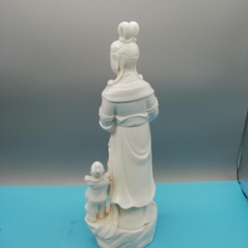 665 - Chinese Blanc de Chine 37cm Porcelain Figure of Guanyin of Nanshan with Boy Servant (A/F Missing Fin... 