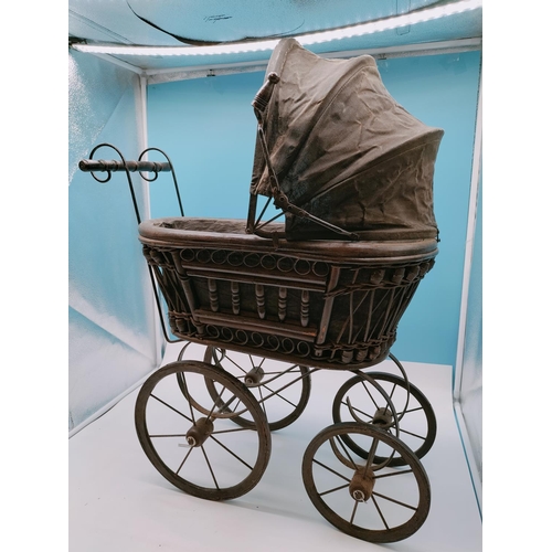 15 - Victorian Style Doll's Pram. Wicker and Wood Frame with Metal Chassis. 60cm High, 50cm x 23cm. Colle... 