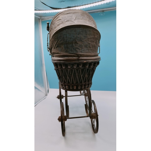 15 - Victorian Style Doll's Pram. Wicker and Wood Frame with Metal Chassis. 60cm High, 50cm x 23cm. Colle... 