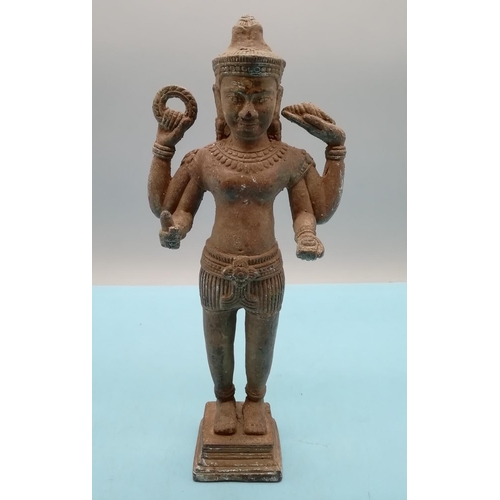 171 - 19th Century Cambodian Bronze Vishnu Standing Four Armed Statue. 26cm Tall.