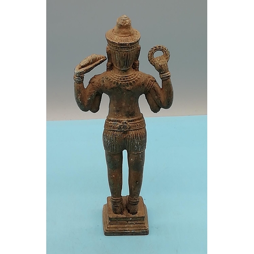 171 - 19th Century Cambodian Bronze Vishnu Standing Four Armed Statue. 26cm Tall.