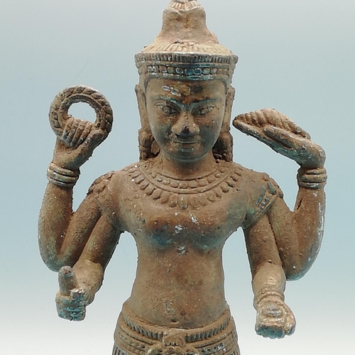 171 - 19th Century Cambodian Bronze Vishnu Standing Four Armed Statue. 26cm Tall.