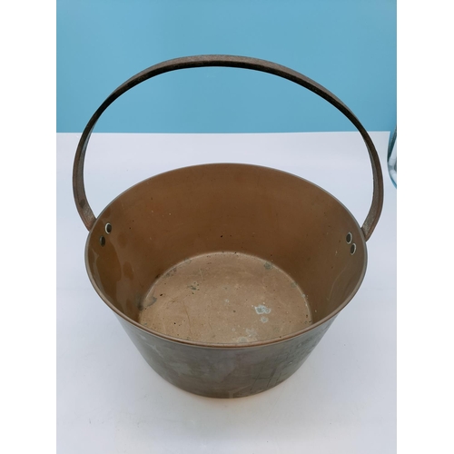 244 - Large Brass Jam Pan with Cast Metal Handle. 34cm High (including Handle), 31cm Diameter.