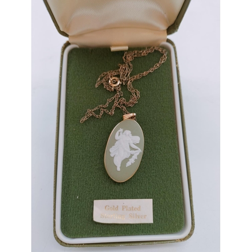 246 - Silver Hallmarked Gold Plated Wedgwood Green Jasper Pendant and Necklace.