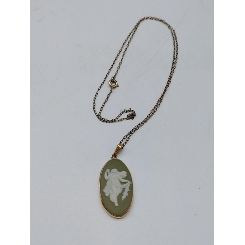 246 - Silver Hallmarked Gold Plated Wedgwood Green Jasper Pendant and Necklace.