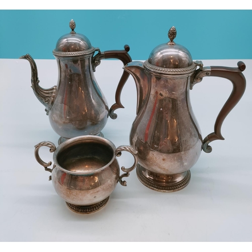 249 - Walker & Hall Silver Plate Coffee Pot, Hot Water, and Sugar Bowl. Tallest being 24cm.