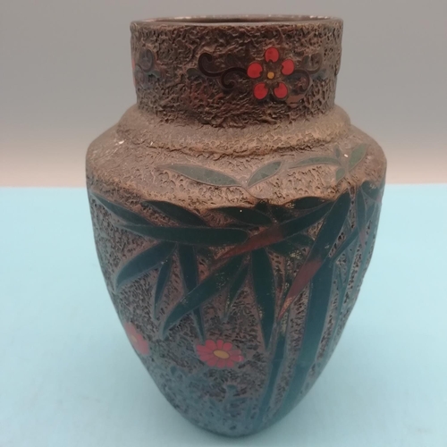 255 - 19th Century Japanese Total Shippo Cloisonne Bark 15cm Vase. Decorated with Flowering Bamboo.