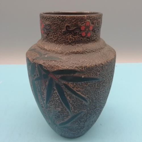 255 - 19th Century Japanese Total Shippo Cloisonne Bark 15cm Vase. Decorated with Flowering Bamboo.