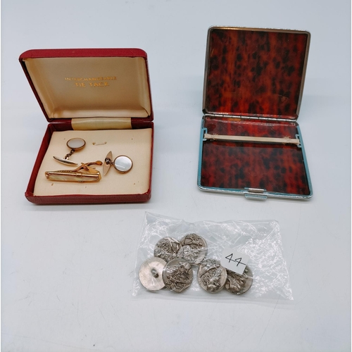 257 - Mother of Pearl Tie Pin and Cufflinks, Cigarette Case plus 6 Military Buttons.