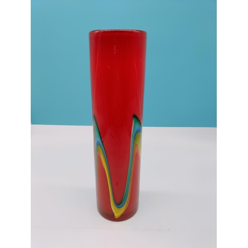 259 - Tall 40cm Murano Glass Vase in Vibrant Red and Multi Coloured Swirls.