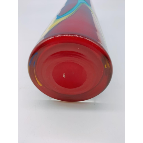 259 - Tall 40cm Murano Glass Vase in Vibrant Red and Multi Coloured Swirls.