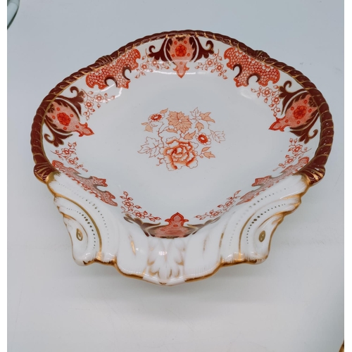 50 - 1890 Date Mark Crown Derby Scallop Dishes (2) plus Oval Dish (29cm x 22cm) in a Red Floral Pattern.