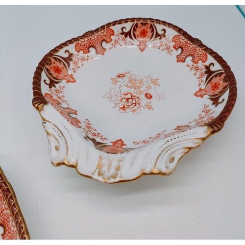 50 - 1890 Date Mark Crown Derby Scallop Dishes (2) plus Oval Dish (29cm x 22cm) in a Red Floral Pattern.