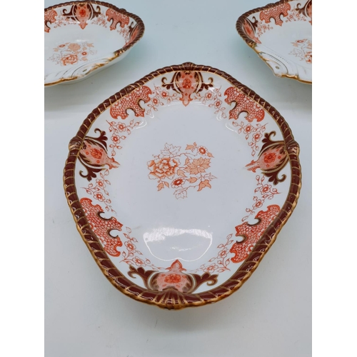 50 - 1890 Date Mark Crown Derby Scallop Dishes (2) plus Oval Dish (29cm x 22cm) in a Red Floral Pattern.