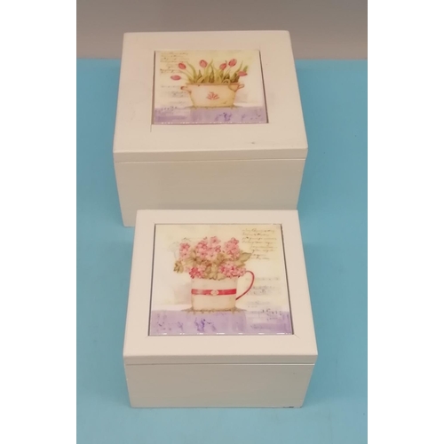574 - Wooden Trinket Boxes (2) with Ceramic Tile Lids. Largest being 8cm High, 12cm x 12cm.