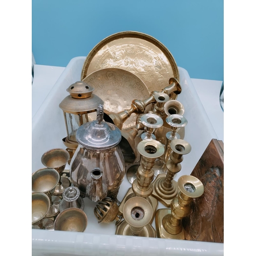 582 - Box of Mixed Brass and Silver Plate Items to include Candlesticks, Trays, Lantern, Plaques, etc.