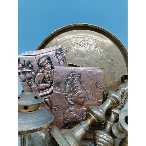 582 - Box of Mixed Brass and Silver Plate Items to include Candlesticks, Trays, Lantern, Plaques, etc.